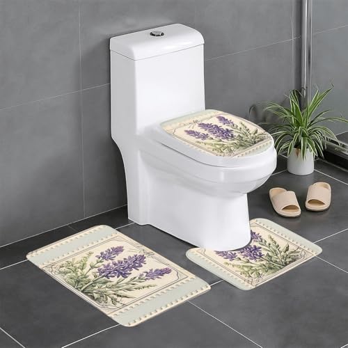 WZYWHJ Badteppich-Set mit Lavendel-Stempeldruck, 3er-Set, rutschfest, langlebig, leicht zu reinigen, geeignet für Badezimmer und WC von WZYWHJ