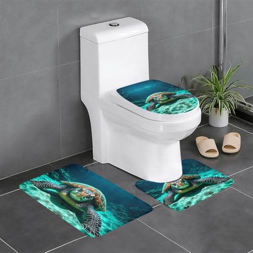 WZYWHJ Badteppich-Set mit Meeresschildkröte, 3er-Set, rutschfest, langlebig, leicht zu reinigen, geeignet für Badezimmer und WC von WZYWHJ