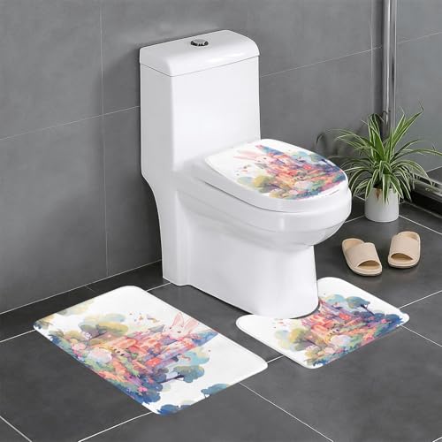 WZYWHJ Badteppich-Set mit Motiv "Bunny on The Castle", rutschfest, langlebig, leicht zu reinigen, geeignet für Bad und WC, 3 Stück von WZYWHJ