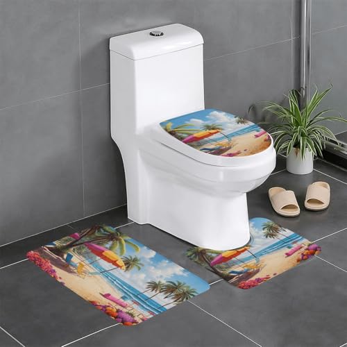 WZYWHJ Badteppich-Set mit buntem Stranddruck, rutschfest, langlebig, leicht zu reinigen, geeignet für Badezimmer und WC, 3 Stück von WZYWHJ