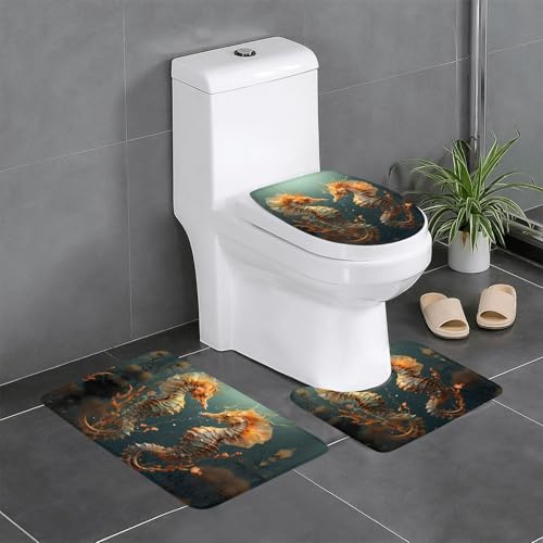 WZYWHJ Badteppich-Set mit schönem Seepferdchen-Motiv, 3er-Set, rutschfest, langlebig, leicht zu reinigen, geeignet für Badezimmer und WC von WZYWHJ