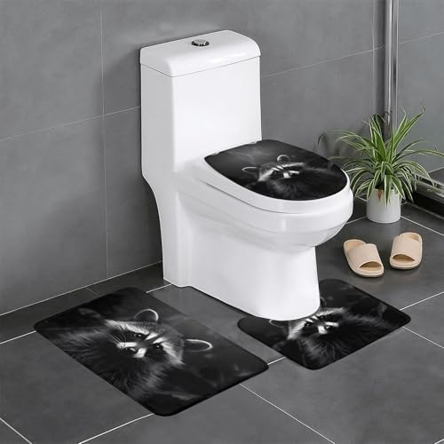 WZYWHJ Badteppich-Set mit schwarz-weißem Waschbär-Muster, rutschfest, langlebig, leicht zu reinigen, geeignet für Bad und WC, 4 Stück von WZYWHJ