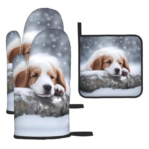 WZYWHJ Bedruckte Ofenhandschuhe und Topflappe, 3-teiliges Set, verdickter langer Küchenhandschuh, Motiv: schlafender Hund von WZYWHJ