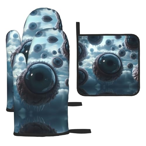 WZYWHJ Blaue Augen Bedruckte Ofenhandschuhe und Topflappen 3-teiliges Set verdickter langer Küchenhandschuh von WZYWHJ