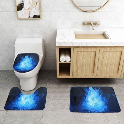 WZYWHJ Blue Spirit Badezimmermatten-Set mit Flammenmuster, 4 Stück, langlebig, leicht zu reinigen, geeignet für Bad und WC von WZYWHJ