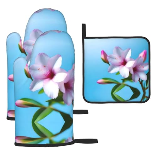 WZYWHJ Budding Rhododendron bedruckte Ofenhandschuhe und Topflappe, 3-teiliges Set, verdickter, langer Küchenhandschuh von WZYWHJ
