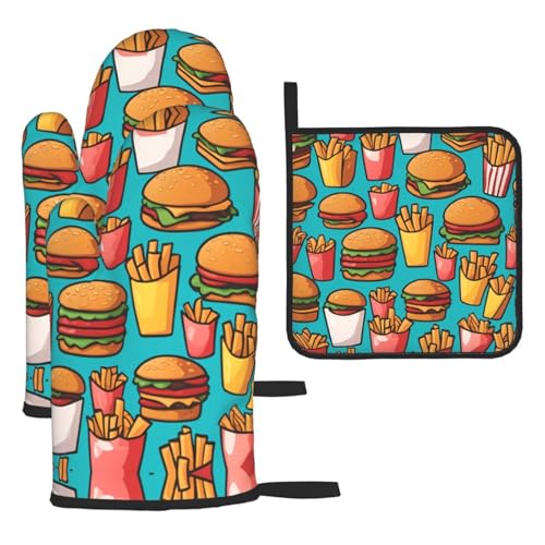 WZYWHJ Cartoon Burger Pommes bedruckte Ofenhandschuhe und Topflappen 3-teiliges Set verdickter langer Küchenhandschuh WZYWHJ Cartoon Burger Pommes bedruckte Ofenhandschuhe und Topflappen 3-teiliges Set verdickter langer Küchenhandschuh von WZYWHJ