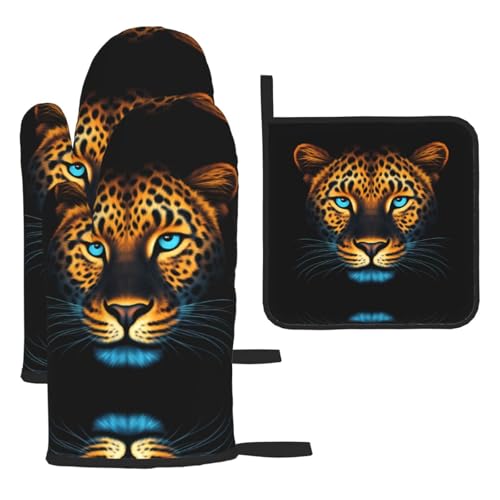 WZYWHJ Coole Ofenhandschuhe und Topflappen mit Geparden-Motiv, 3-teiliges Set, verdickter langer Küchenhandschuh von WZYWHJ