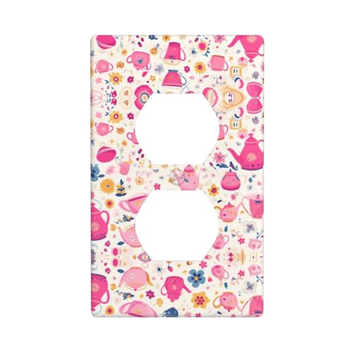 WZYWHJ Dekorative Wandplatte mit Doppelsteckdose, einfach zu installieren, ideal für Wohn- und Geschäftsbereiche, 11,4 x 7,9 cm, rosa Teekannenmuster von WZYWHJ