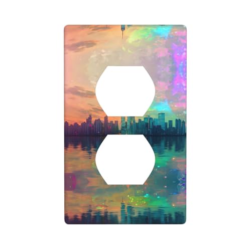 WZYWHJ Dekorative Wandplatte mit Doppelsteckdose, einfach zu installieren, ideal für Wohn- und Gewerbebereiche, 11,4 x 7,9 cm, holografisches Neon-Stadtbild von WZYWHJ