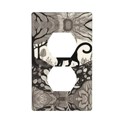 WZYWHJ Dekorative Wandplatte mit Doppelsteckdose, einfach zu installieren, ideal für Wohn- und Gewerbebereiche, 11,4 x 7,9 cm, schwarze Katze im seltsamen Wald von WZYWHJ