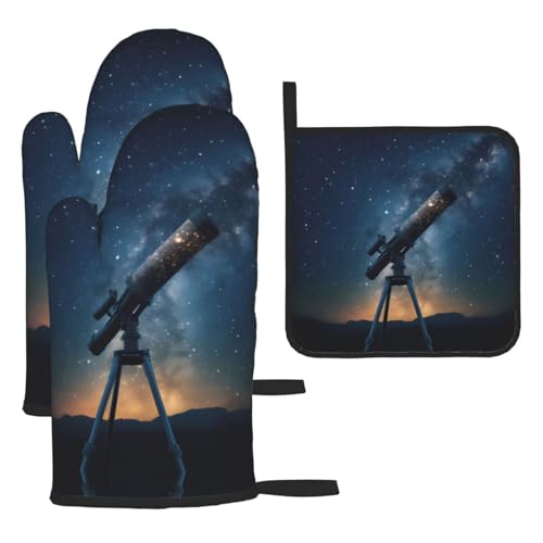 WZYWHJ Der Sternenhimmel im Teleskop, bedruckte Ofenhandschuhe und Topflappe, 3-teiliges Set, verdickter, langer Küchenhandschuh von WZYWHJ
