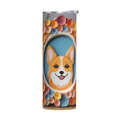 WZYWHJ Edelstahlbecher, 590 ml, hochwertiger umweltfreundlicher Becher mit verschließbarem Deckel und Isolationseffekt, ohne Zubehör, farbenfroher Corgi-Bilderrahmendruck von WZYWHJ