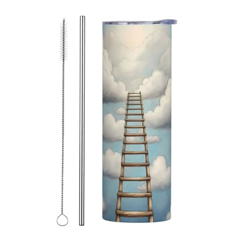 WZYWHJ Edelstahlbecher, 590 ml, hochwertiger umweltfreundlicher Becher mit verschließbarem Deckel und Isoliereffekt, Strohhalm, zweiteiliges Set, Leiter zu den Wolken von WZYWHJ