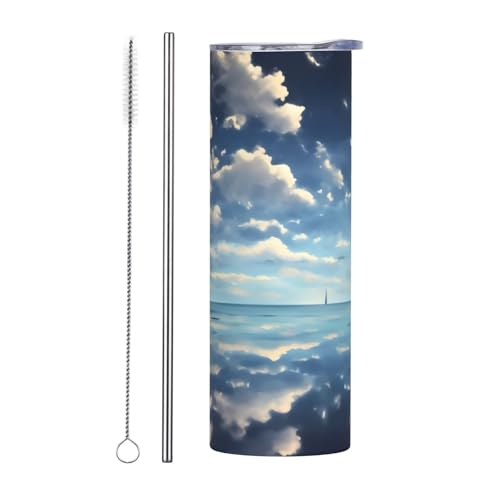 WZYWHJ Edelstahlbecher, 590 ml, hochwertiger umweltfreundlicher Becher mit verschließbarem Deckel und Isoliereffekt, Strohhalm, zweiteiliges Set, weiße Wolken über dem Meer bedruckt von WZYWHJ