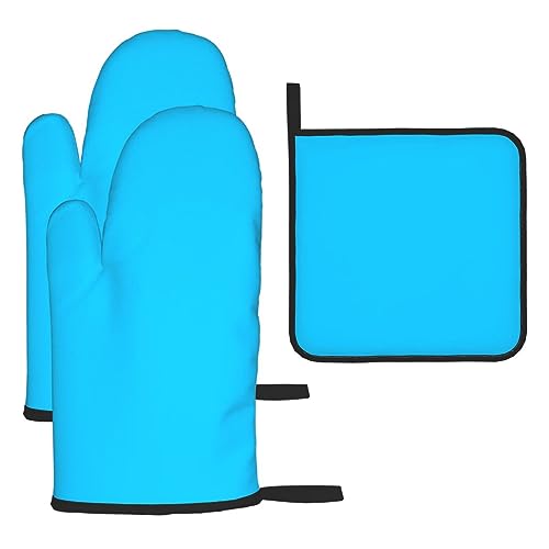 WZYWHJ Einfarbige, hellblaue bedruckte Ofenhandschuhe und Topflappe, 3-teiliges Set, verdickter, langer Küchenhandschuh von WZYWHJ