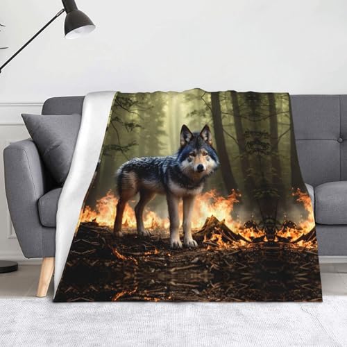 WZYWHJ Flanelldecke Wolf in Flammen – weiche und strapazierfähige Winterdecke für Zuhause und Reisen von WZYWHJ