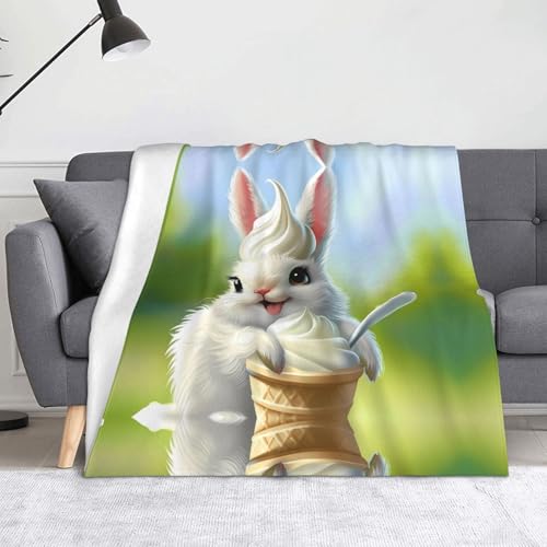 WZYWHJ Flanelldecke mit Hasen-Motiv "Eating Ice Cream", weiche und strapazierfähige Winterdecke für Zuhause und Reisen von WZYWHJ