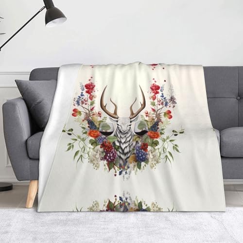 WZYWHJ Flanelldecke mit Hirschkopf und Rotwein – weiche und strapazierfähige Winterdecke für Zuhause und Reisen von WZYWHJ