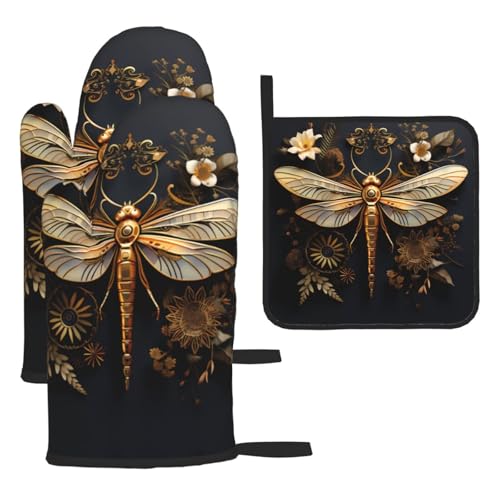 WZYWHJ Goldene exquisite Libellen-bedruckte Ofenhandschuhe und Topflappe, 3-teiliges Set, verdickter langer Küchenhandschuh WZYWHJ Goldene exquisite Libellen-bedruckte Ofenhandschuhe und Topflappe, 3-teiliges Set, verdickter langer Küchenhandschuh von WZYWHJ