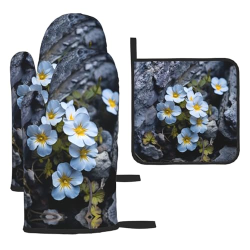 WZYWHJ Kleine Blumen in den Rissen von Felsen, bedruckte Ofenhandschuhe und Topflappe, 3-teiliges Set, verdickter, langer Küchenhandschuh von WZYWHJ