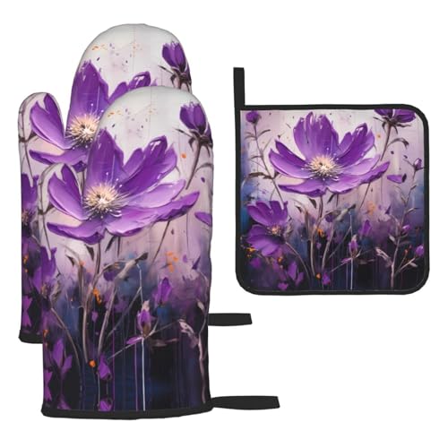 WZYWHJ Kleine lila Wildblumen bedruckte Ofenhandschuhe und Topflappe, 3-teiliges Set, verdickter langer Küchenhandschuh von WZYWHJ
