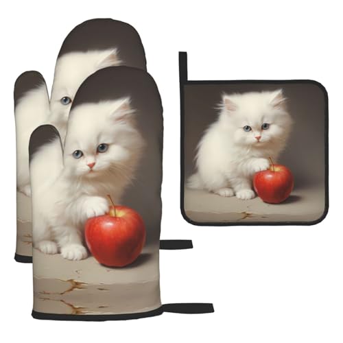 WZYWHJ Kleine weiße Katze, die Apfel isst, bedruckte Ofenhandschuhe und Topflappe, 3-teiliges Set, verdickter, langer Küchenhandschuh von WZYWHJ