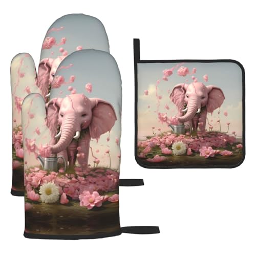 WZYWHJ Kleiner rosa Elefant bewässert die Blumen bedruckte Ofenhandschuhe und Topflappe, 3-teiliges Set, verdickter langer Küchenhandschuh von WZYWHJ