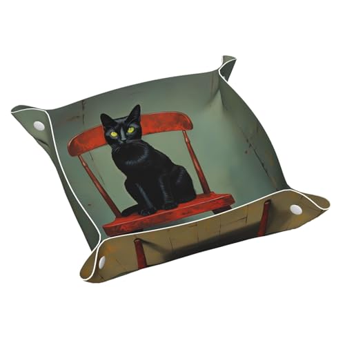 WZYWHJ Leder-Ablagetablett für Nachttisch, Schreibtisch, Schminktisch und mehr, leicht zu reinigen, kleine schwarze Katze auf dem Hocker von WZYWHJ