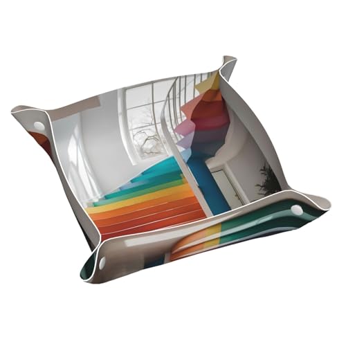 WZYWHJ Leder-Ablagetablett für Nachttisch, Schreibtisch, Schminktisch und mehr – leicht zu reinigen, mittelgroßer bunter Treppendruck von WZYWHJ