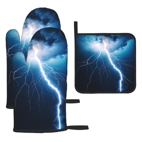 WZYWHJ Lightning bedruckte Ofenhandschuhe und Topflappe, 3-teiliges Set, verdickter langer Küchenhandschuh von WZYWHJ