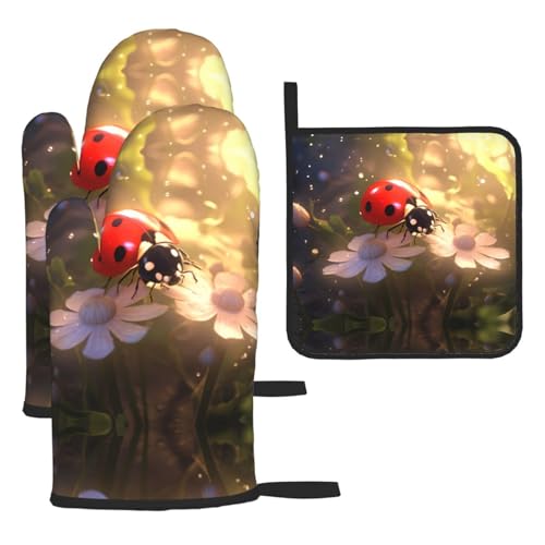 WZYWHJ Lovely Ladybug bedruckte Ofenhandschuhe und Topflappe, 3-teiliges Set, verdickter langer Küchenhandschuh von WZYWHJ