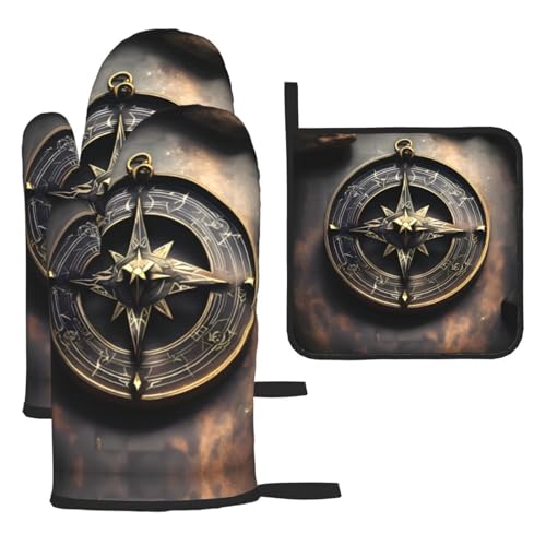 WZYWHJ Magical Design Norse Runen Kompass bedruckte Ofenhandschuhe und Topflappe, 3-teiliges Set, verdickter, langer Küchenhandschuh von WZYWHJ