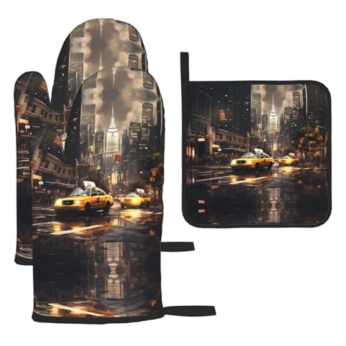 WZYWHJ New York Fashion City bedruckte Ofenhandschuhe und Topflappe, 3-teiliges Set, verdickter langer Küchenhandschuh von WZYWHJ