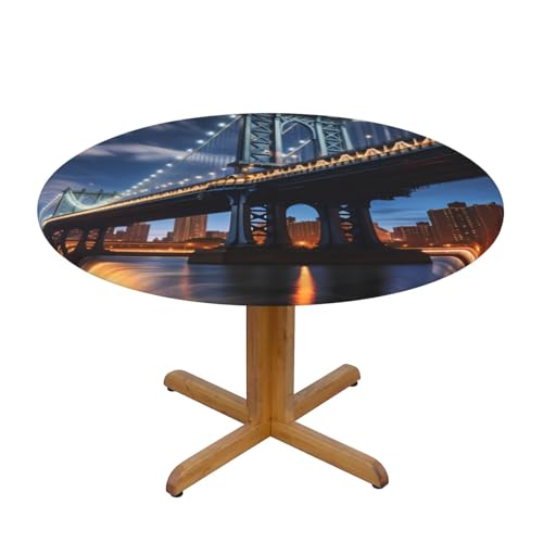 WZYWHJ New York Manhattan Bridge Night Prints Runde Tischdecke, wasserdicht, knitterfrei, für Esstisch, Dekoration, Tischdecke von WZYWHJ