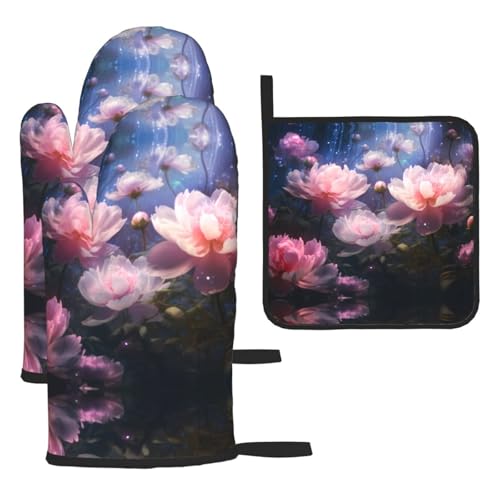 WZYWHJ Ofenhandschuhe und Topflappe, 3-teiliges Set, verdickt, lang, mit Pfingstrosen und Blumen bedruckt von WZYWHJ