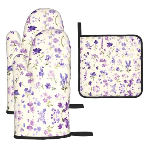WZYWHJ Ofenhandschuhe und Topflappe, 3-teiliges Set, verdickter langer Küchenhandschuh, Lavendelfarben mit Blumen von WZYWHJ