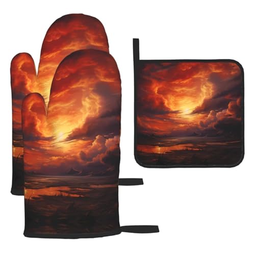 WZYWHJ Ofenhandschuhe und Topflappe, 3-teiliges Set, verdickter langer Küchenhandschuh, Motiv: Schockierende Feuerwolken von WZYWHJ