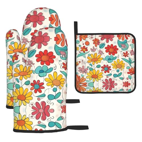 WZYWHJ Ofenhandschuhe und Topflappe, 3-teiliges Set, verdickter langer Küchenhandschuh mit farbiger Blume von WZYWHJ