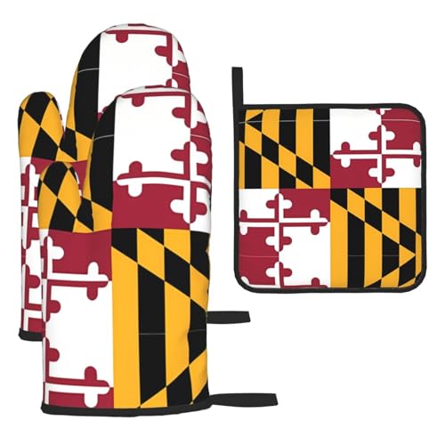 WZYWHJ Ofenhandschuhe und Topflappe, Motiv: Flagge von Maryland, 3-teiliges Set, verdickter langer Küchenhandschuh von WZYWHJ