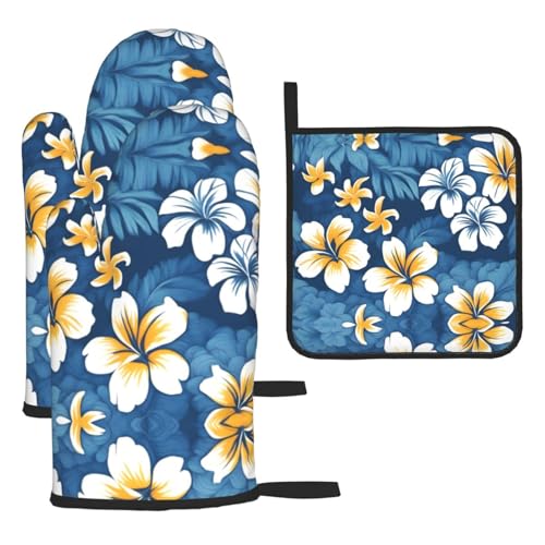 WZYWHJ Ofenhandschuhe und Topflappe, Motiv: Hawaii-Blumen, 3-teiliges Set, verdickter langer Küchenhandschuh von WZYWHJ