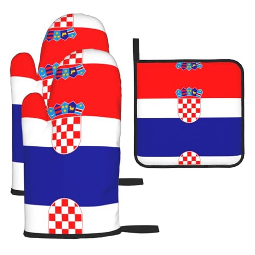 WZYWHJ Ofenhandschuhe und Topflappe, bedruckt, 3-teiliges Set, verdickter langer Küchenhandschuh, Motiv: Flagge der Republik Kroatien von WZYWHJ