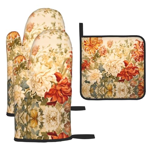 WZYWHJ Ofenhandschuhe und Topflappen mit Blumenmotiv, 3-teiliges Set, verdickt, langer Küchenhandschuh WZYWHJ Ofenhandschuhe und Topflappen mit Blumenmotiv, 3-teiliges Set, verdickt, langer Küchenhandschuh von WZYWHJ