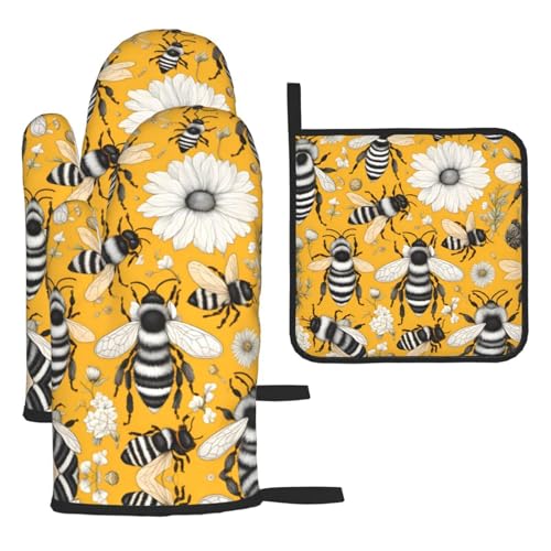 WZYWHJ Ofenhandschuhe und Topflappen mit Cartoon-Bienenmotiv, 3-teiliges Set, verdickter langer Küchenhandschuh von WZYWHJ