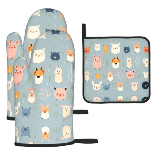 WZYWHJ Ofenhandschuhe und Topflappen mit Cartoon-Tier-Motiv, 3-teiliges Set, verdickter langer Küchenhandschuh WZYWHJ Ofenhandschuhe und Topflappen mit Cartoon-Tier-Motiv, 3-teiliges Set, verdickter langer Küchenhandschuh von WZYWHJ