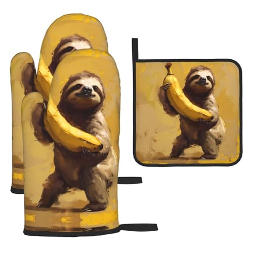 WZYWHJ Ofenhandschuhe und Topflappen mit Faultier-Bananenmotiv, 3-teiliges Set, verdickter langer Küchenhandschuh WZYWHJ Ofenhandschuhe und Topflappen mit Faultier-Bananenmotiv, 3-teiliges Set, verdickter langer Küchenhandschuh von WZYWHJ