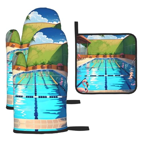 WZYWHJ Ofenhandschuhe und Topflappen mit Flamingo und Schwimmbad, 3-teiliges Set, verdickt, langer Küchenhandschuh von WZYWHJ