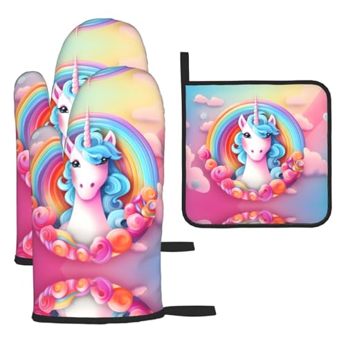 WZYWHJ Ofenhandschuhe und Topflappen mit Regenbogen-Einhorn, 3-teiliges Set, verdickter langer Küchenhandschuh von WZYWHJ