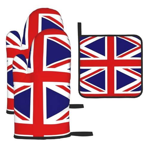 WZYWHJ Ofenhandschuhe und Topflappen mit UK-Flagge, 3-teiliges Set, verdickter, langer Küchenhandschuh von WZYWHJ
