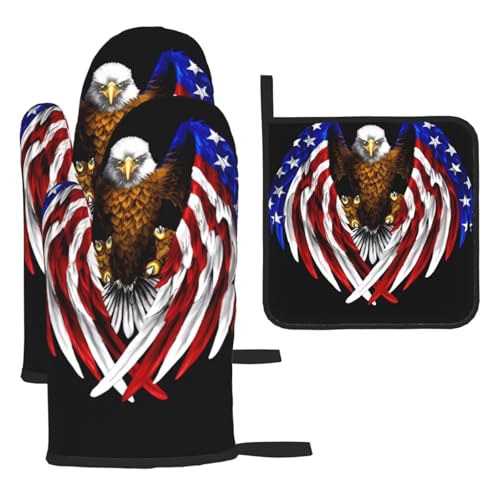 WZYWHJ Ofenhandschuhe und Topflappen mit USA-Flagge, Patriotischer Adler, 3-teiliges Set, verdickter, langer Küchenhandschuh von WZYWHJ